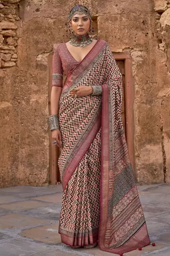 Beige women silk blend banarasi saree with blouse piece