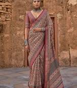 Beige women silk blend banarasi saree with blouse piece