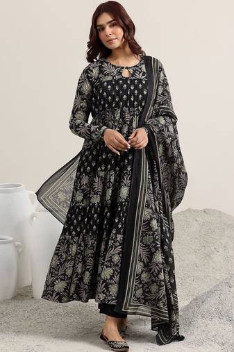 womens black printed cotton anarkali kurta with trousers & dupatta