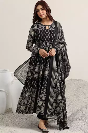 womens black printed cotton anarkali kurta with trousers & dupatta