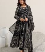 womens black printed cotton anarkali kurta with trousers & dupatta