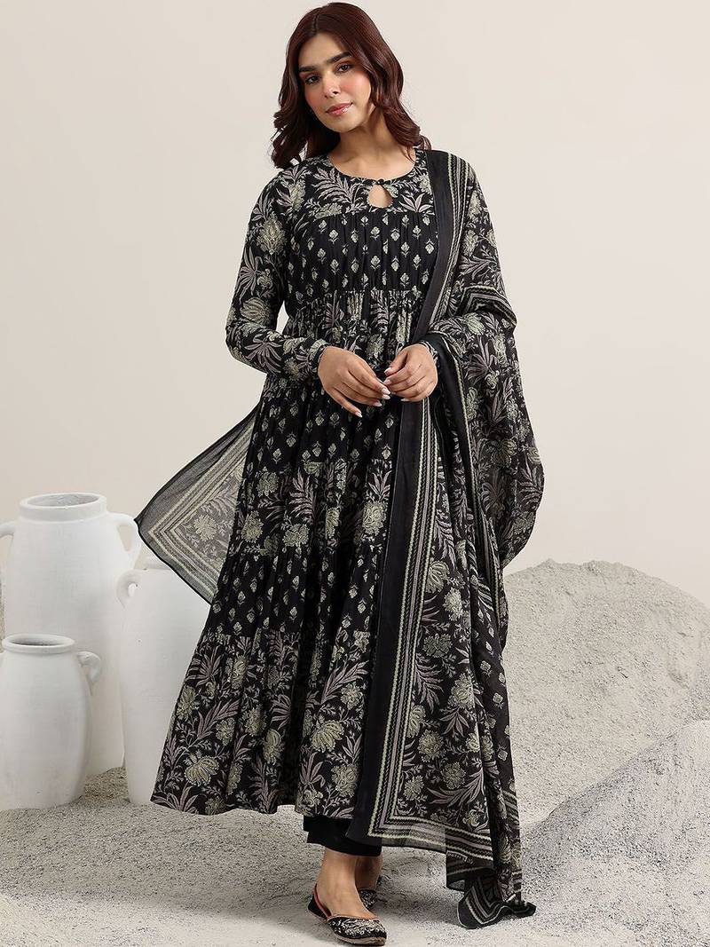 womens black printed cotton anarkali kurta with trousers & dupatta