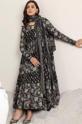 womens black printed cotton anarkali kurta with trousers & dupatta