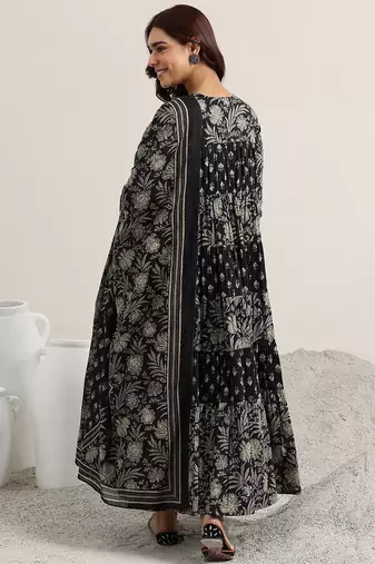 womens black printed cotton anarkali kurta with trousers & dupatta
