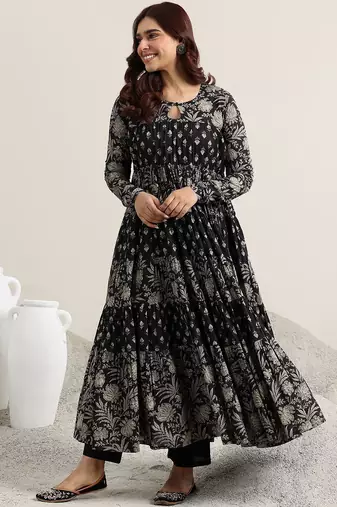 womens black printed cotton anarkali kurta with trousers & dupatta