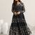 womens black printed cotton anarkali kurta with trousers & dupatta