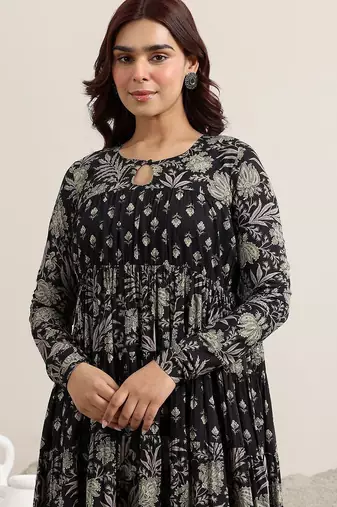 womens black printed cotton anarkali kurta with trousers & dupatta