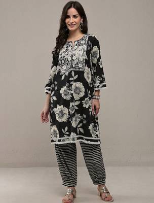 black floral printed cotton straight kurta set 1