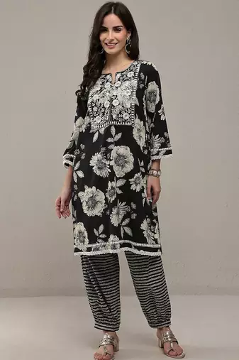 black floral printed cotton straight kurta set