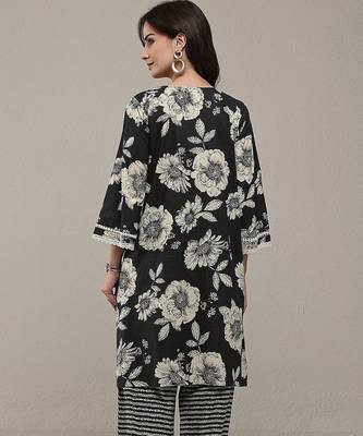 black floral printed cotton straight kurta set 3