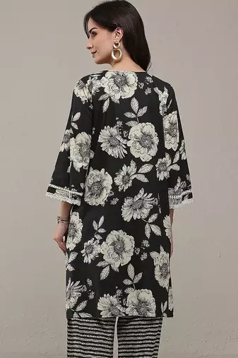 black floral printed cotton straight kurta set