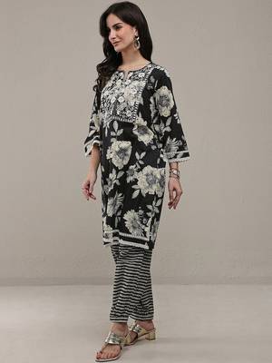 black floral printed cotton straight kurta set 4
