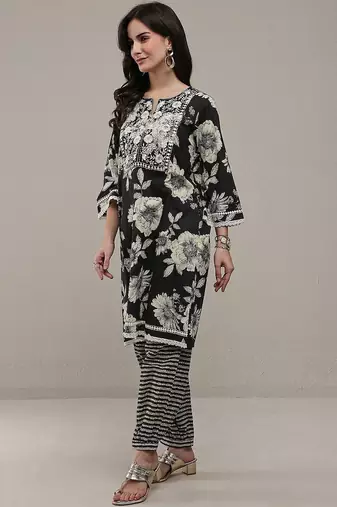 black floral printed cotton straight kurta set