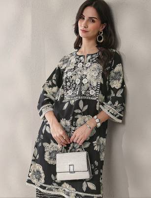 black floral printed cotton straight kurta set 5