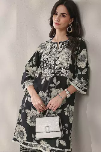 black floral printed cotton straight kurta set