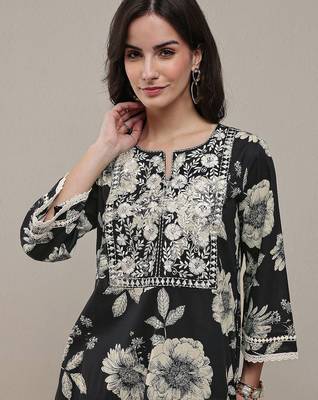 black floral printed cotton straight kurta set 6