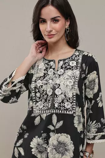 black floral printed cotton straight kurta set