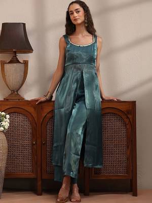 libas teal solid tissue front slit a-line kurta set 1
