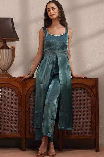 libas teal solid tissue front slit a-line kurta set