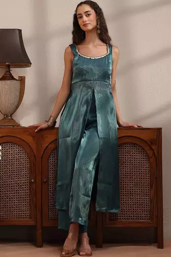 libas teal solid tissue front slit a-line kurta set