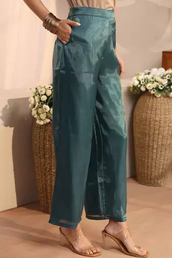 libas teal solid tissue front slit a-line kurta set