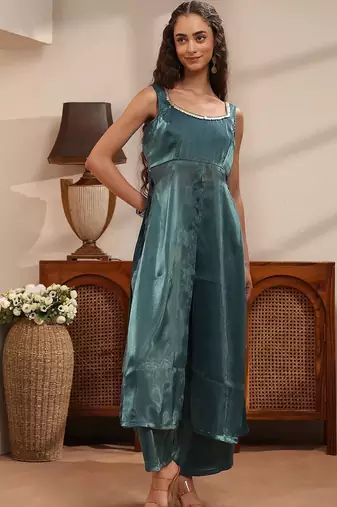 libas teal solid tissue front slit a-line kurta set