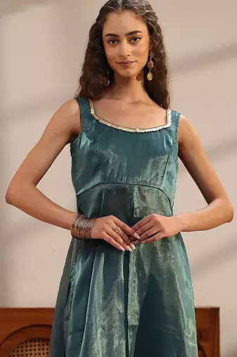 libas teal solid tissue front slit a-line kurta set