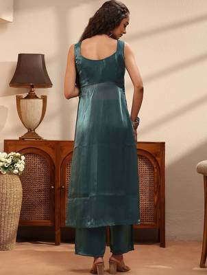 libas teal solid tissue front slit a-line kurta set 5