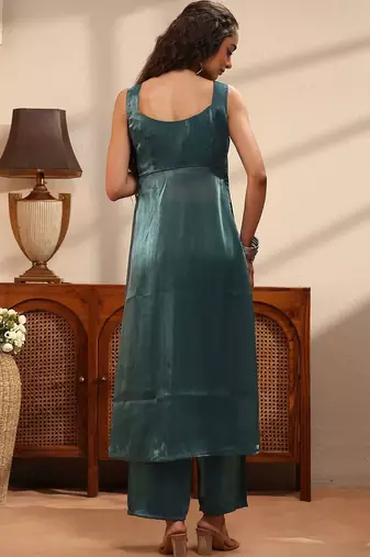 libas teal solid tissue front slit a-line kurta set
