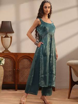 libas teal solid tissue front slit a-line kurta set 6