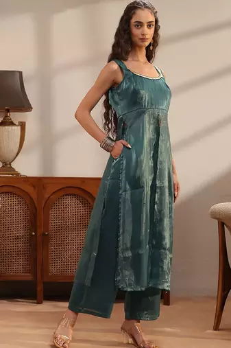 libas teal solid tissue front slit a-line kurta set