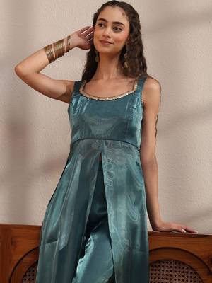 libas teal solid tissue front slit a-line kurta set 7