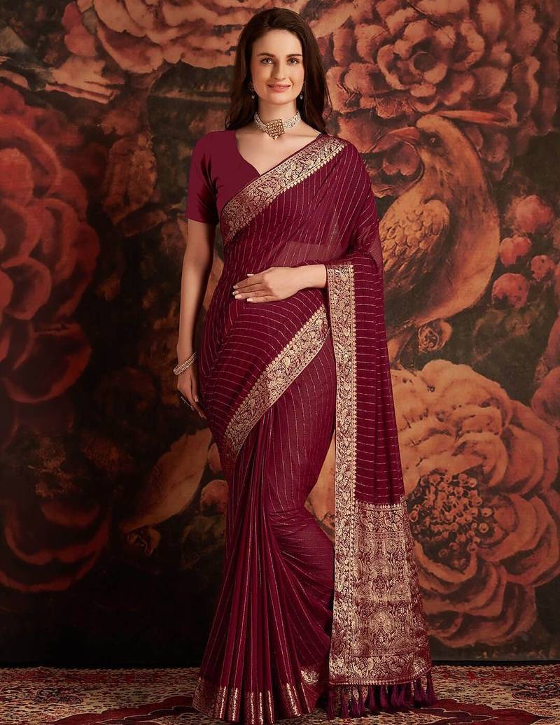 Magenta ethnic motifs woven design zari  georgette banarasi saree