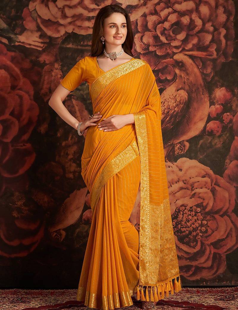 Mustard woven design zari  georgette banarasi saree