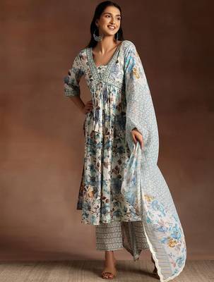 floral printed empire sequinned kurta with palazzo & dupatta 1