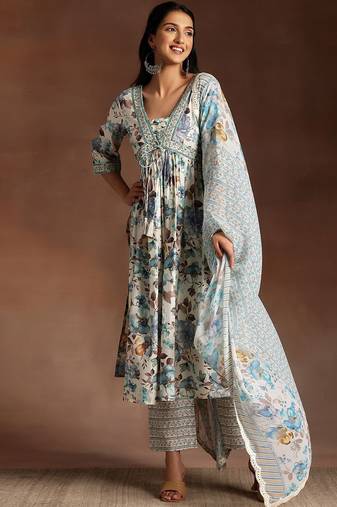 floral printed empire sequinned kurta with palazzo & dupatta
