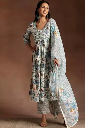 floral printed empire sequinned kurta with palazzo & dupatta