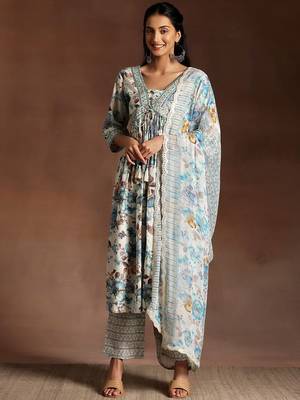floral printed empire sequinned kurta with palazzo & dupatta 3