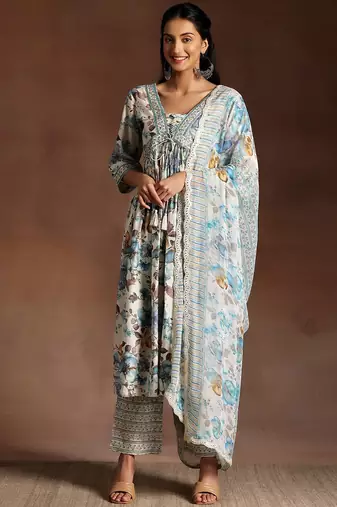 floral printed empire sequinned kurta with palazzo & dupatta