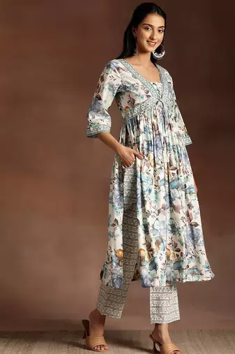 floral printed empire sequinned kurta with palazzo & dupatta