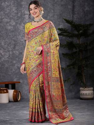 Yellow ethnic motifs printed banarasi saree with matching blouse 1