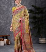 Yellow ethnic motifs printed banarasi saree with matching blouse
