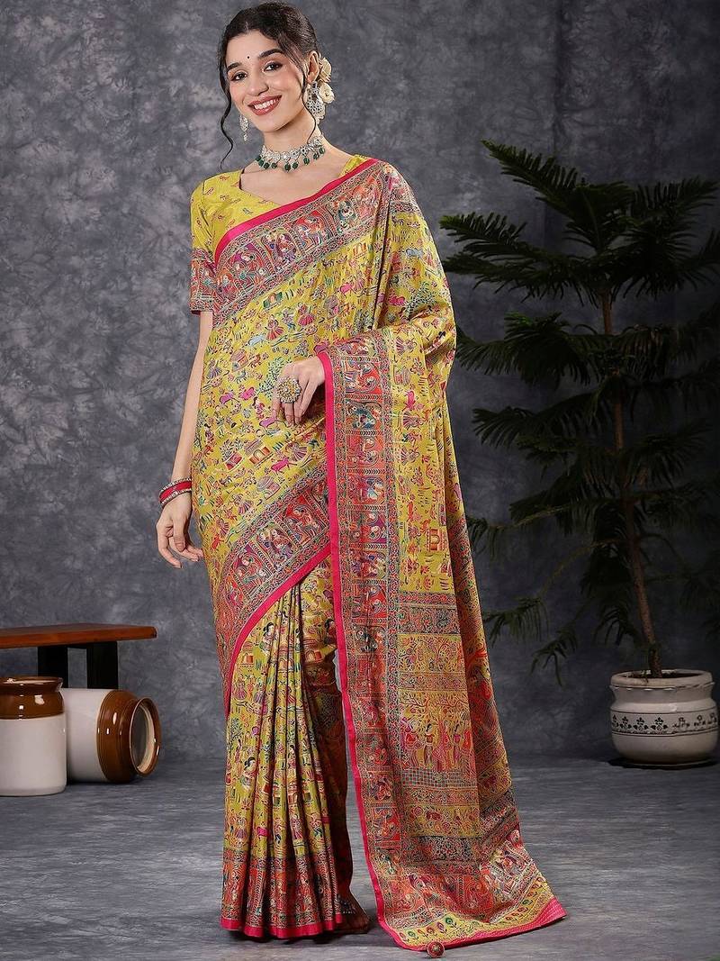 Yellow ethnic motifs printed banarasi saree with matching blouse