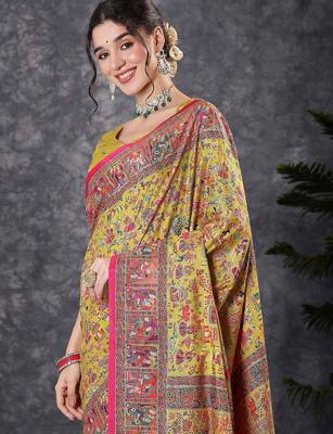 Yellow ethnic motifs printed banarasi saree with matching blouse 2