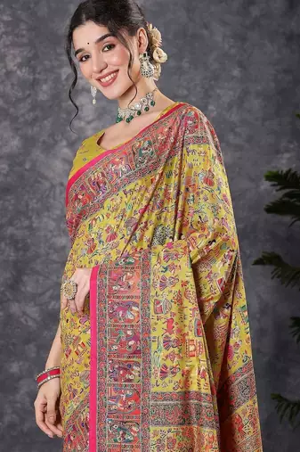 Yellow ethnic motifs printed banarasi saree with matching blouse