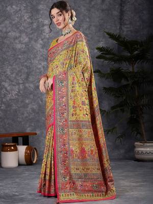 Yellow ethnic motifs printed banarasi saree with matching blouse 3
