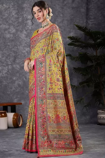 Yellow ethnic motifs printed banarasi saree with matching blouse