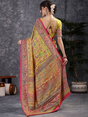 Yellow ethnic motifs printed banarasi saree with matching blouse 4