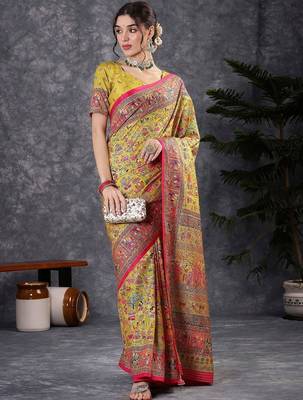 Yellow ethnic motifs printed banarasi saree with matching blouse 5