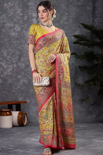 Yellow ethnic motifs printed banarasi saree with matching blouse